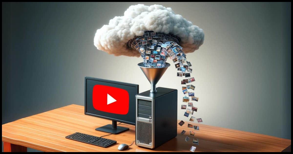 A cloud disgorging a stream of video images into a funnel on top of a desktop PC. 