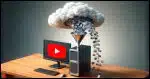 A cloud disgorging a stream of video images into a funnel on top of a desktop PC.