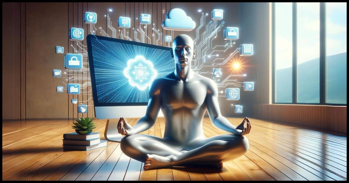 A serene individual meditating in a tranquil setting. The person appears calm and centered, seated in a traditional meditation pose in front of a desktop PC, illustrating a blend of mindfulness and technology. Surrounding them are floating digital icons, including a cloud, folders, and error symbols, symbolizing technological stress. These icons are depicted as being calmly ignored by the meditating person.
