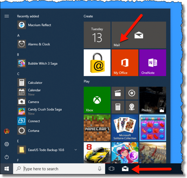 Mail on Windows 10 Start
