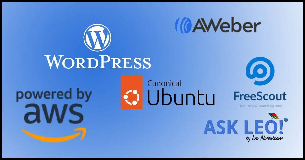 Logos of some ot the technology behind Ask Leo!