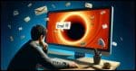 The concept of 'support email black hole'. A frustrated person looking at a computer screen with an email icon disappearing into a black hole.