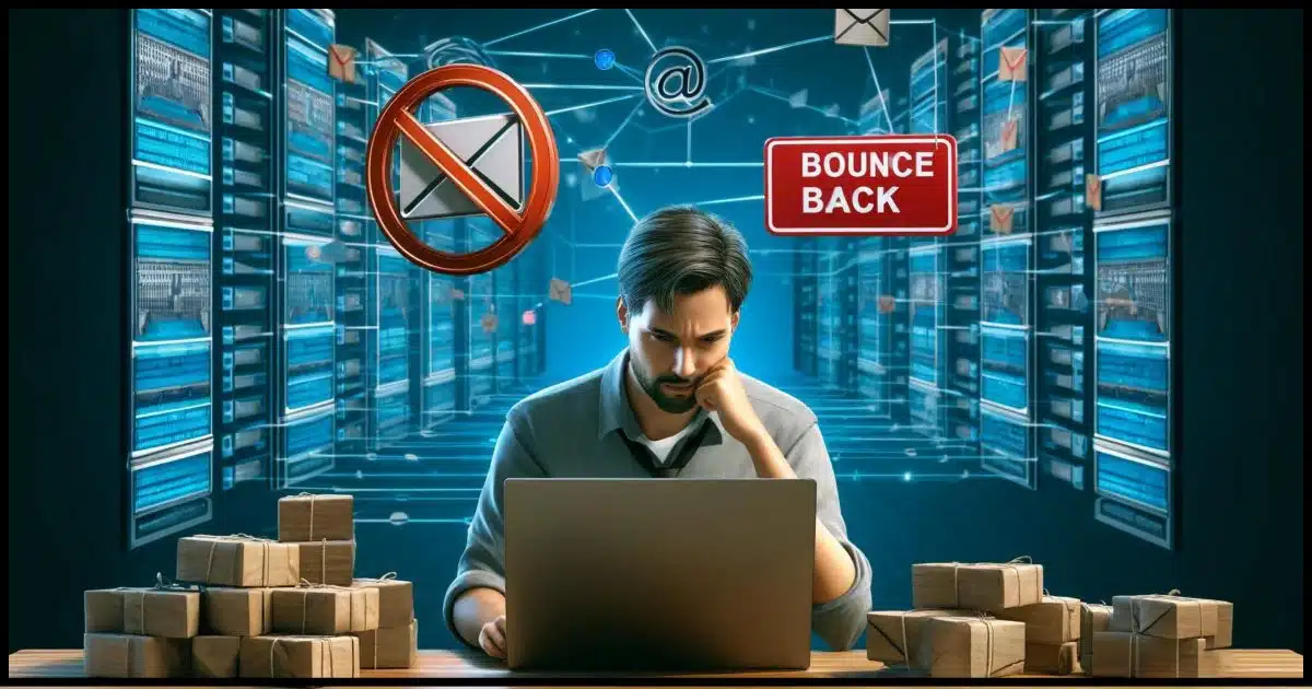 A frustrated person looking at a computer screen with an email bounce-back message. In the background, an image of a spam warning symbol and multiple email servers connected in a network.