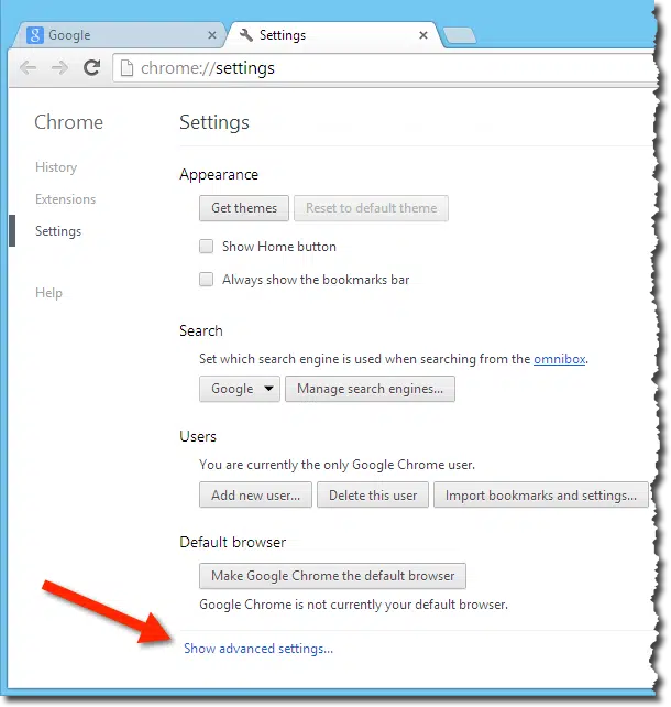 Chrome Show Advanced Settings link
