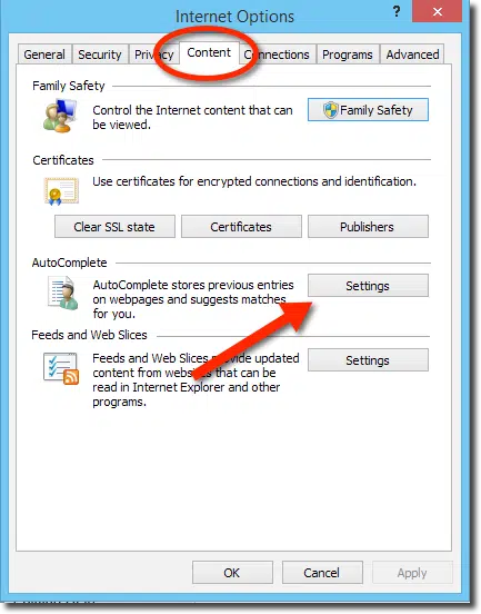 Internet Explorer Options, Content Tab