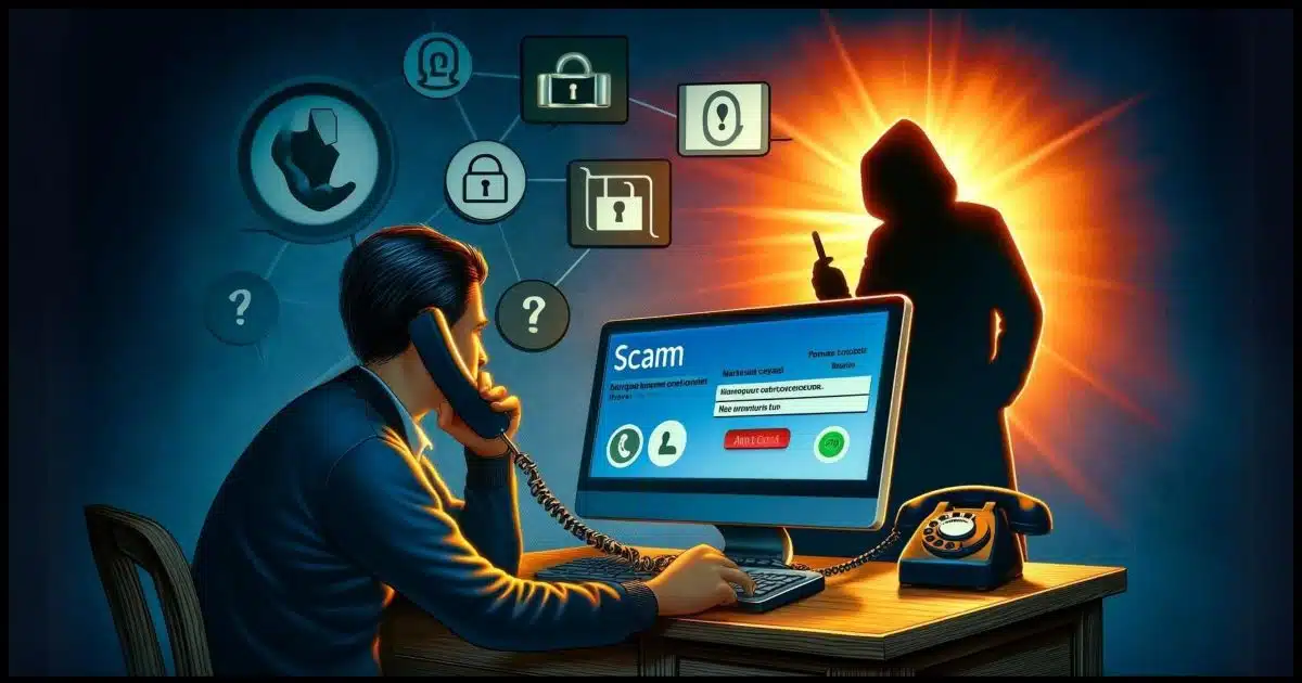 A scene showing a concerned individual at their computer, receiving a scam phone call from someone claiming to be from Microsoft, aiming to assist with non-existent computer errors.