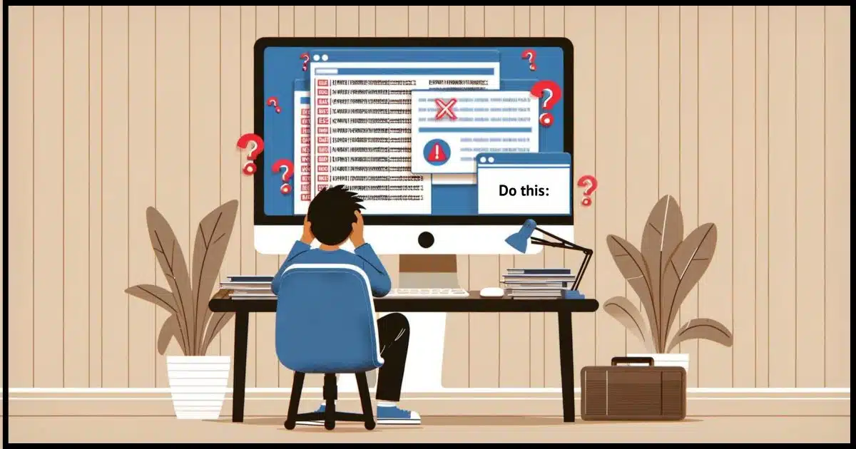 A frustrated person sitting in front of a computer screen filled with error messages, yet looking away with a confused expression.