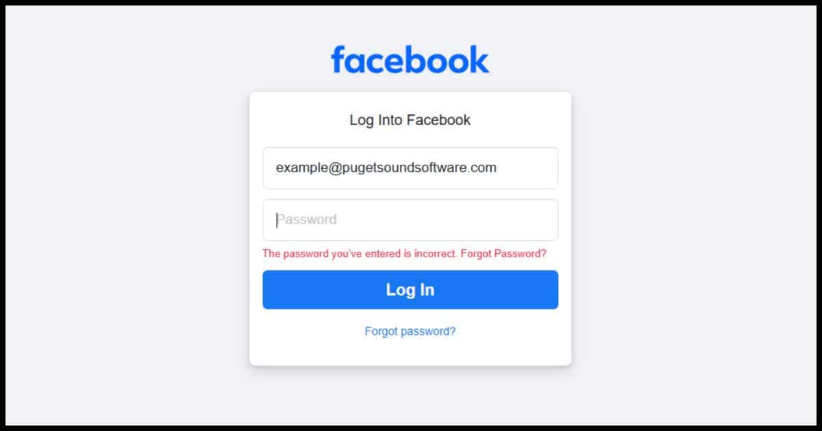 Facebook sign in complaining of an incorrect password.