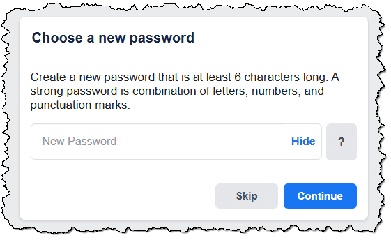 Facebook setting a new password.