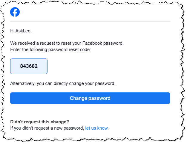 Facebook recovery code in email.