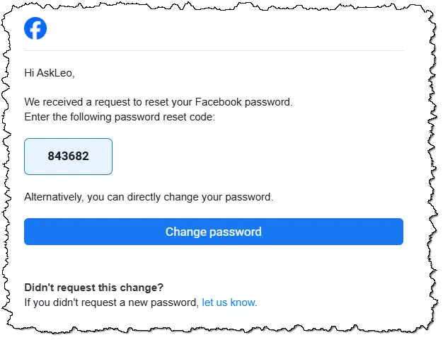 Facebook recovery code in email.