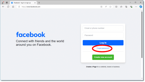 Forgot password? link on the Facebook sign in page.