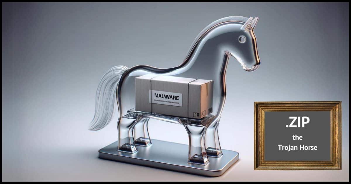 A photorealistic image of a semi-transparent Trojan horse. The horse is made of a glass-like material, allowing visibility inside. Inside the Trojan horse, there is a clearly labeled package that reads 'Malware'. The background is neutral and simple, emphasizing the Trojan horse and the package inside.