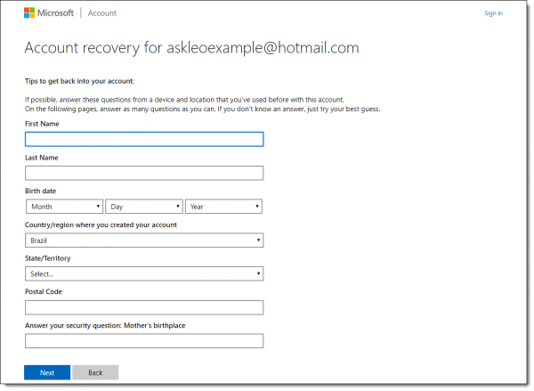 Microsoft account recovery information request