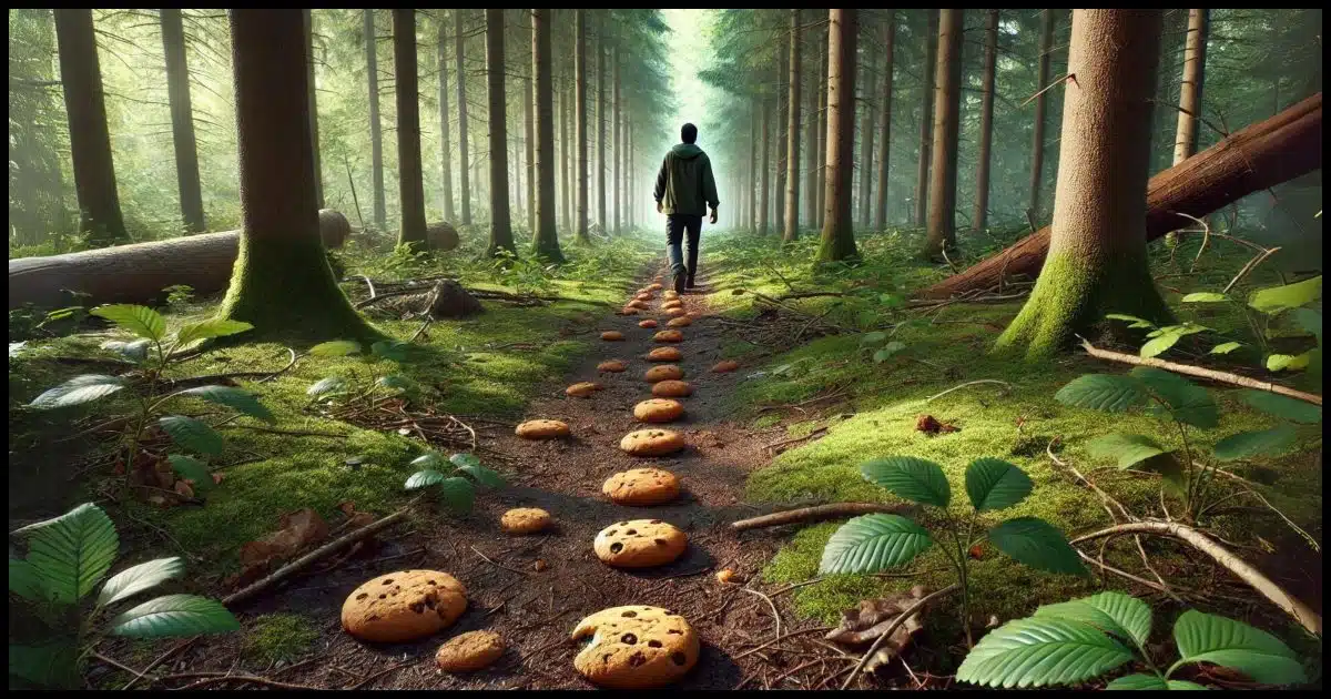 A person walking through a dense forest, leaving a trail of cookies behind them.