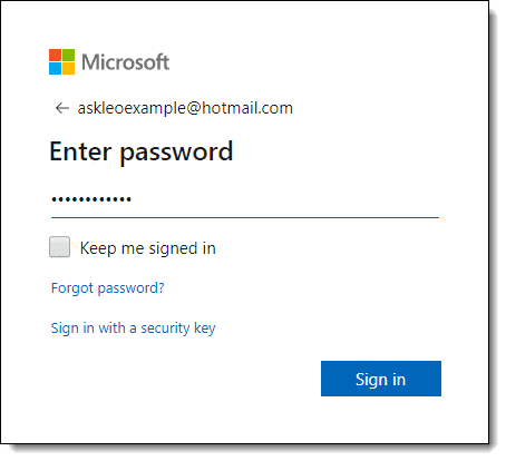 Microsoft account, enter password dialog