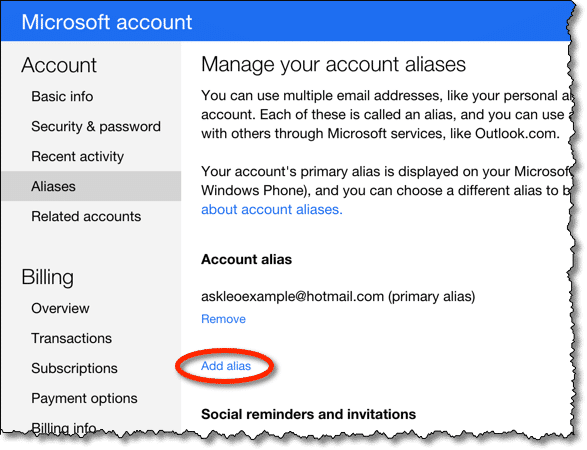 Outlook.com Add Alias Link