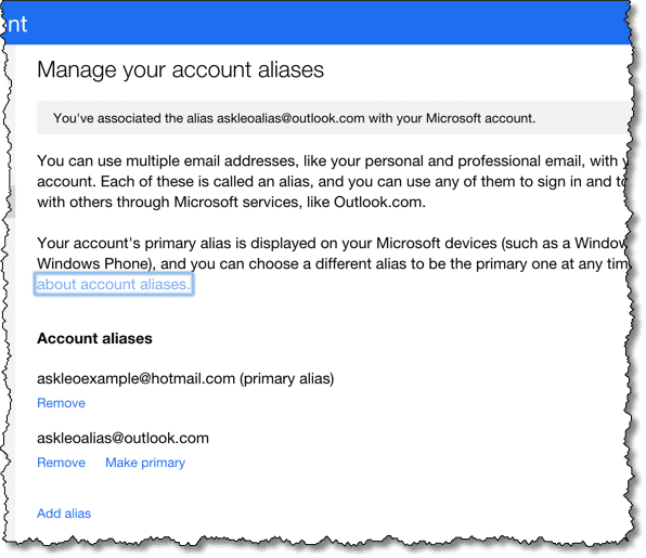 Outlook.com Alias Added