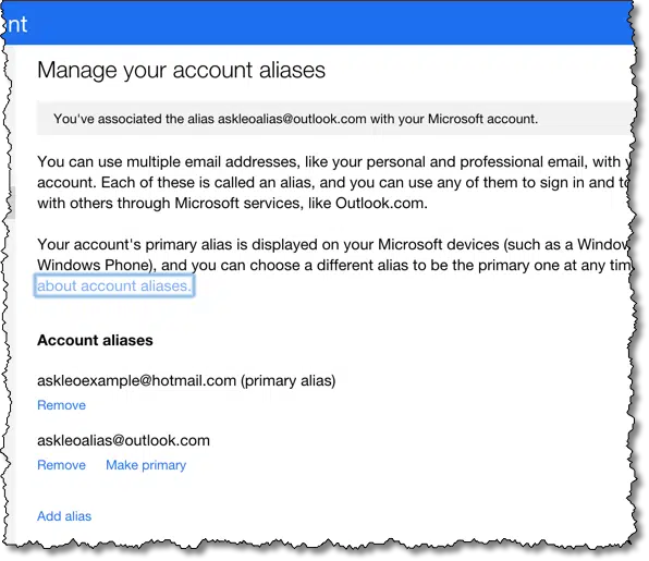 Outlook.com Alias Added