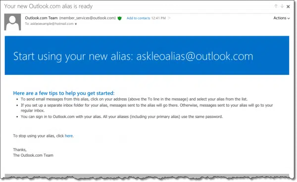 Outlook.com Alias Confirmation