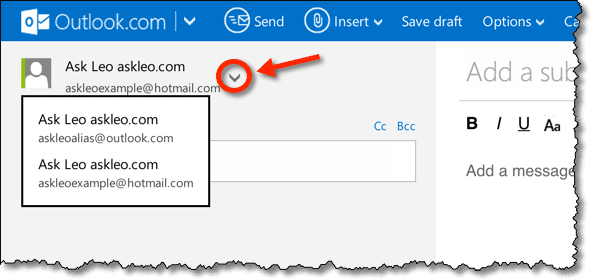 Outlook.com New Message Alias Selection