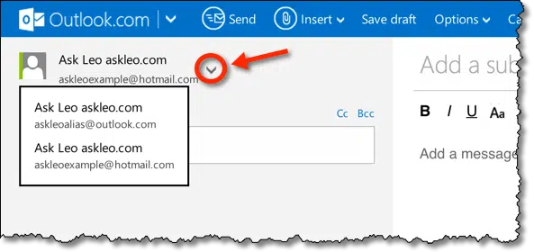Outlook.com New Message Alias Selection