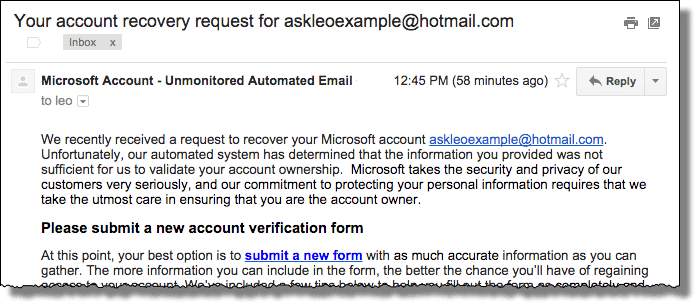 Microsoft account recovery fail