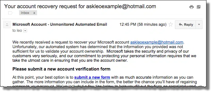 Microsoft account recovery fail
