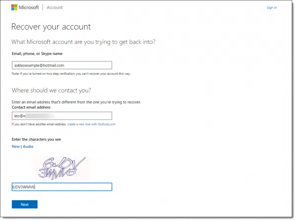 Microsoft account - beginning manual account recovery