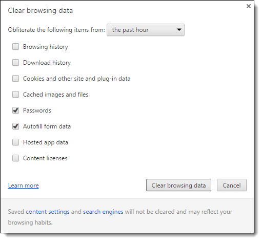 Chrome Clear Data Options