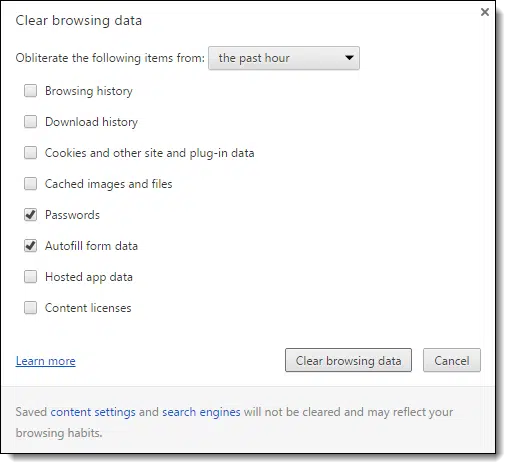 Chrome Clear Data Options