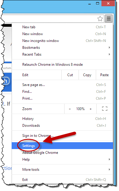 Chrome Settings Menu Item