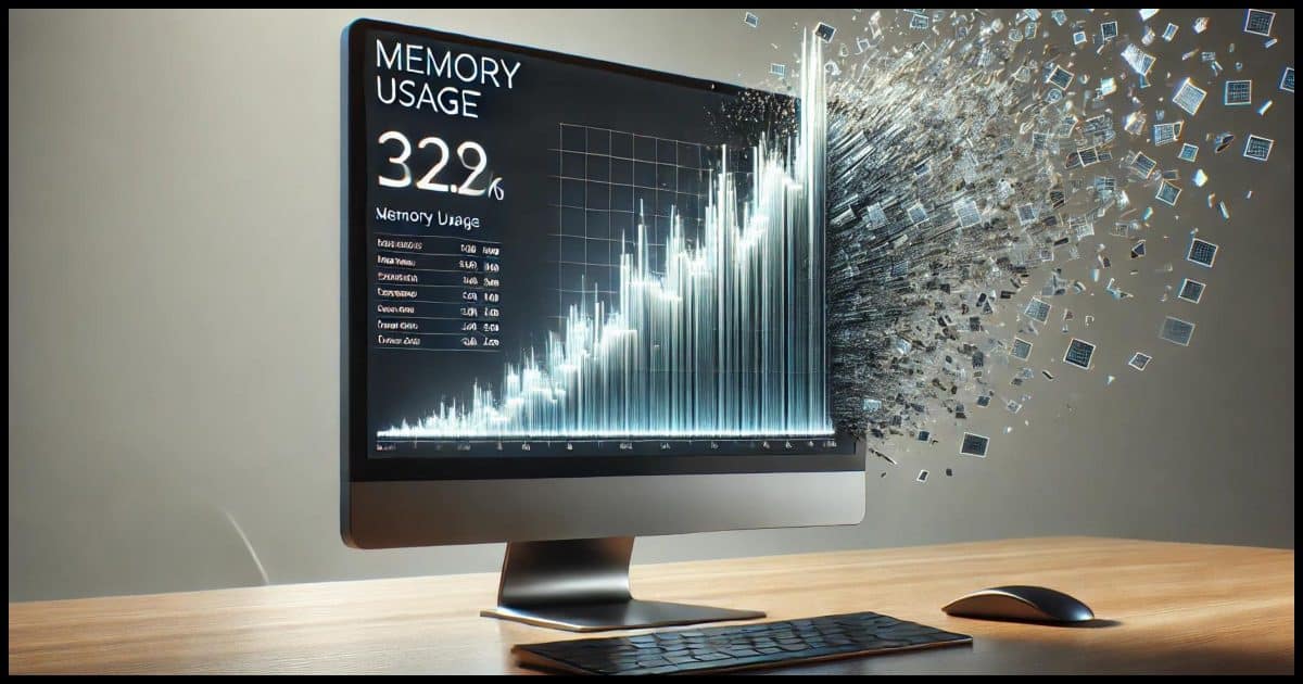 A PC computer screen showing a memory usage graph. The graph depicts memory usage rising steadily from left to right, with the lines or bars shooting upwards dramatically as they reach the far right side of the screen. The graph is shown exploding out of the top on the right, with bits of data or visual elements breaking through the top boundary. 