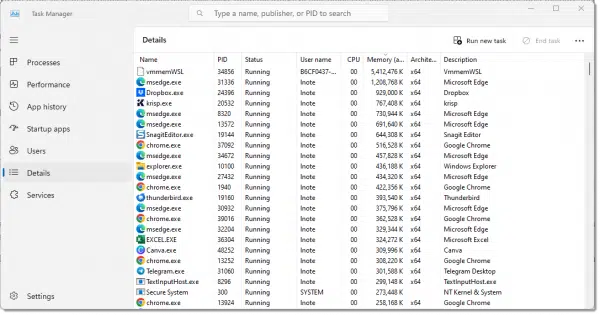 Running applications sorted by memory usage in Task manager.
