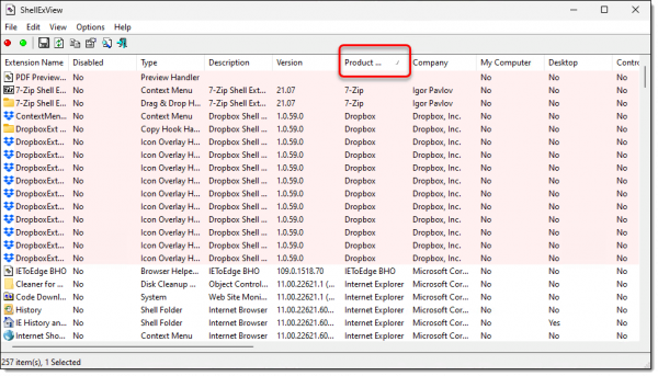 ShellExView sorted by Product