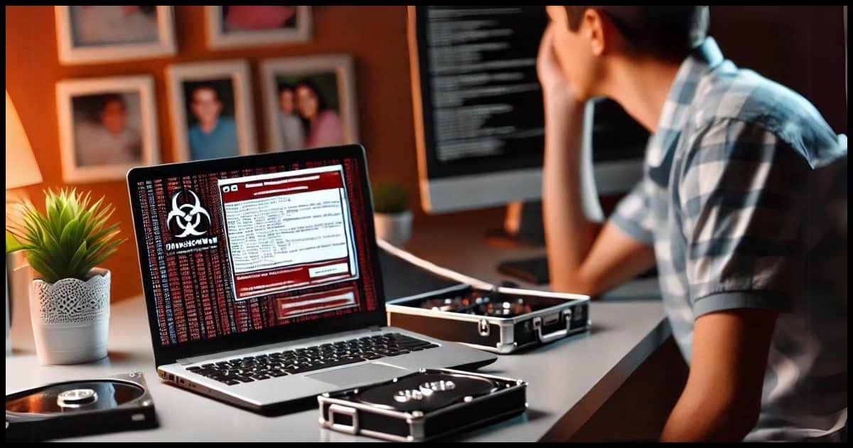 A computer desk with an open laptop showing an error message related to ransomware (CryptoWall), a few external hard drives, and a person looking distressed. In the background, you can see a family photo frame, and the overall scene should convey a sense of data loss and urgency.