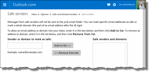 Outlook.com Safe Senders List