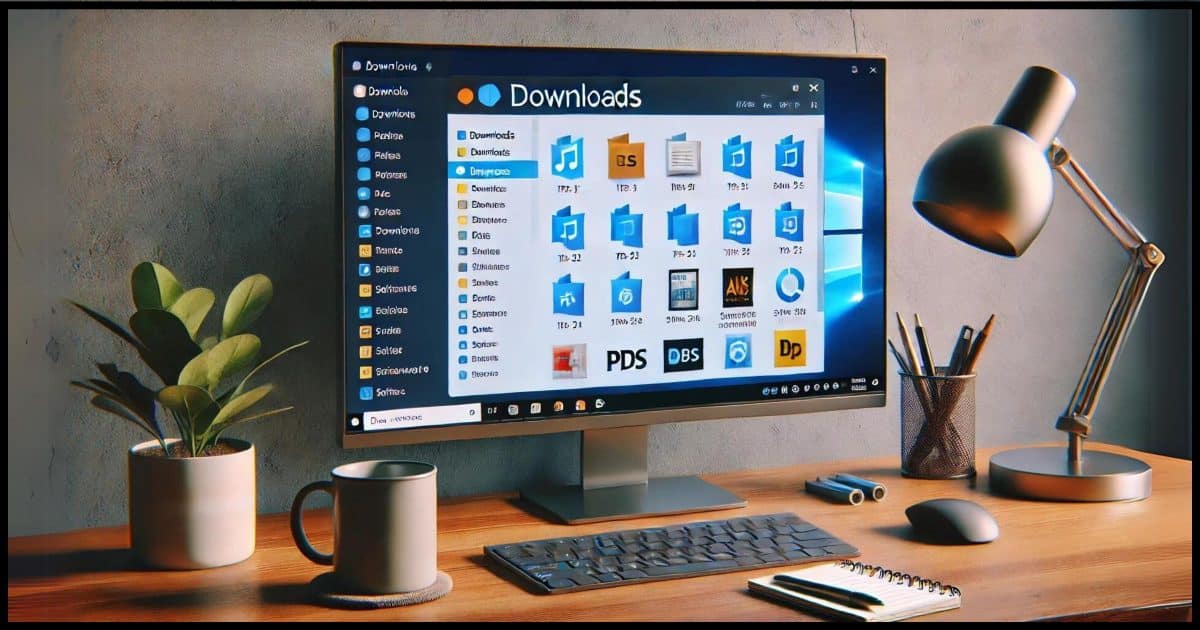 A a Windows PC screen with a 'Downloads' folder open, displaying various file types like PDFs, images, and software. The surrounding workspace is tidy, with a coffee mug, notepad, and pens. The setting is modern and well-lit, highlighting the simplicity of managing downloads on a computer.