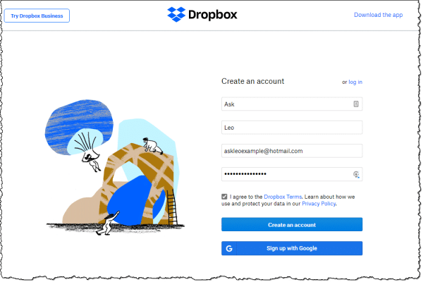 Creating an account with Dropbox.