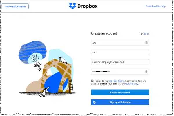 Creating an account with Dropbox.