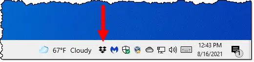 Dropbox icon in the notification area.