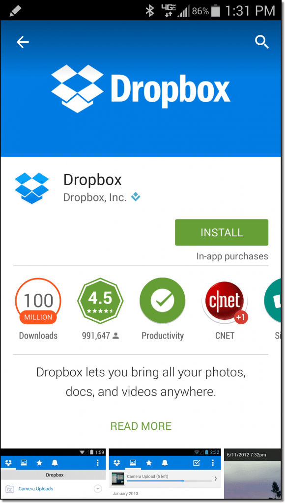 Dropbox in the Google Play store