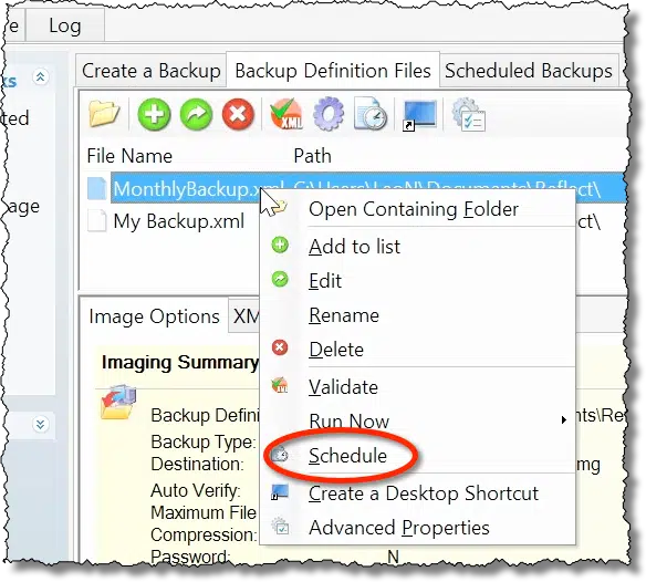 Schedule Link for a Backup Definition