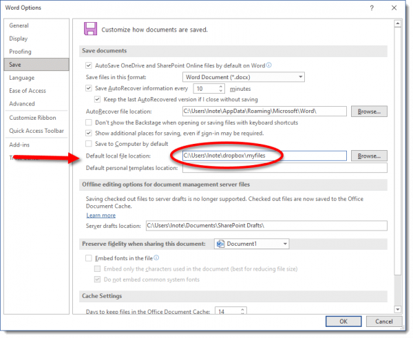 Word default save location.