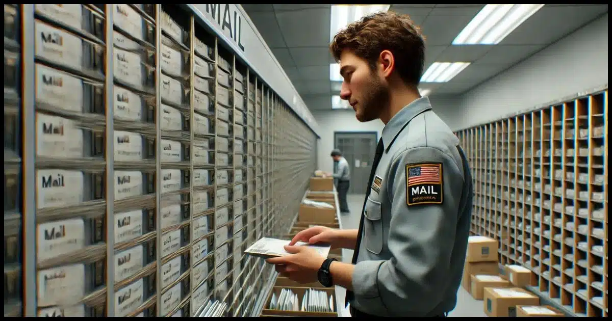 A mail clerk in a mailroom sorting mail into a collection of mail slots.