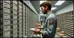 A mail clerk in a mailroom sorting mail into a collection of mail slots.