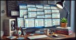 A photorealistic image of a computer screen displaying multiple instances of Microsoft Visual C++ Redistributable installations in the 'Programs and Features' section of Windows. The background shows a cluttered desktop with typical developer tools, coding books, and a cup of coffee