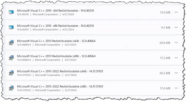 My six copies of the VC++ Redistributable Library.
