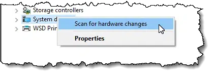 Scan for hardware changes menu item