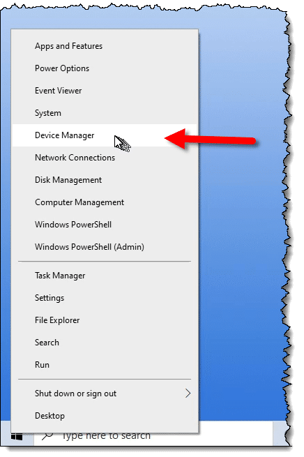 Device Manager in the Windows right-click Start menu